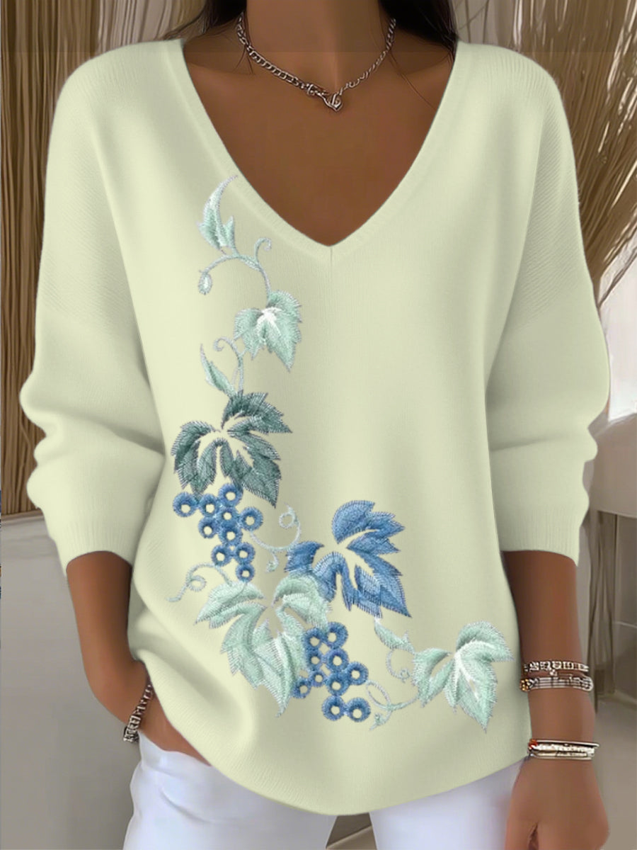 Dámské jezero modré květinové vyšívané v-neck svetr