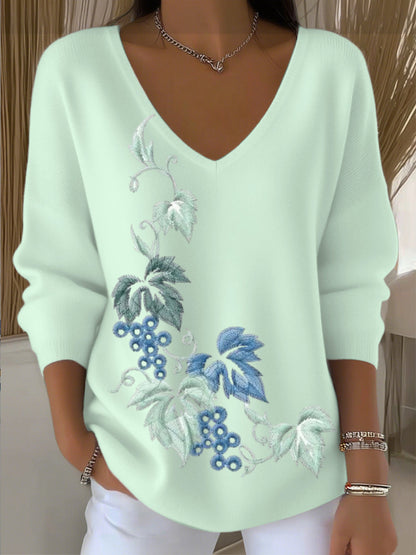 Dámské jezero modré květinové vyšívané v-neck svetr