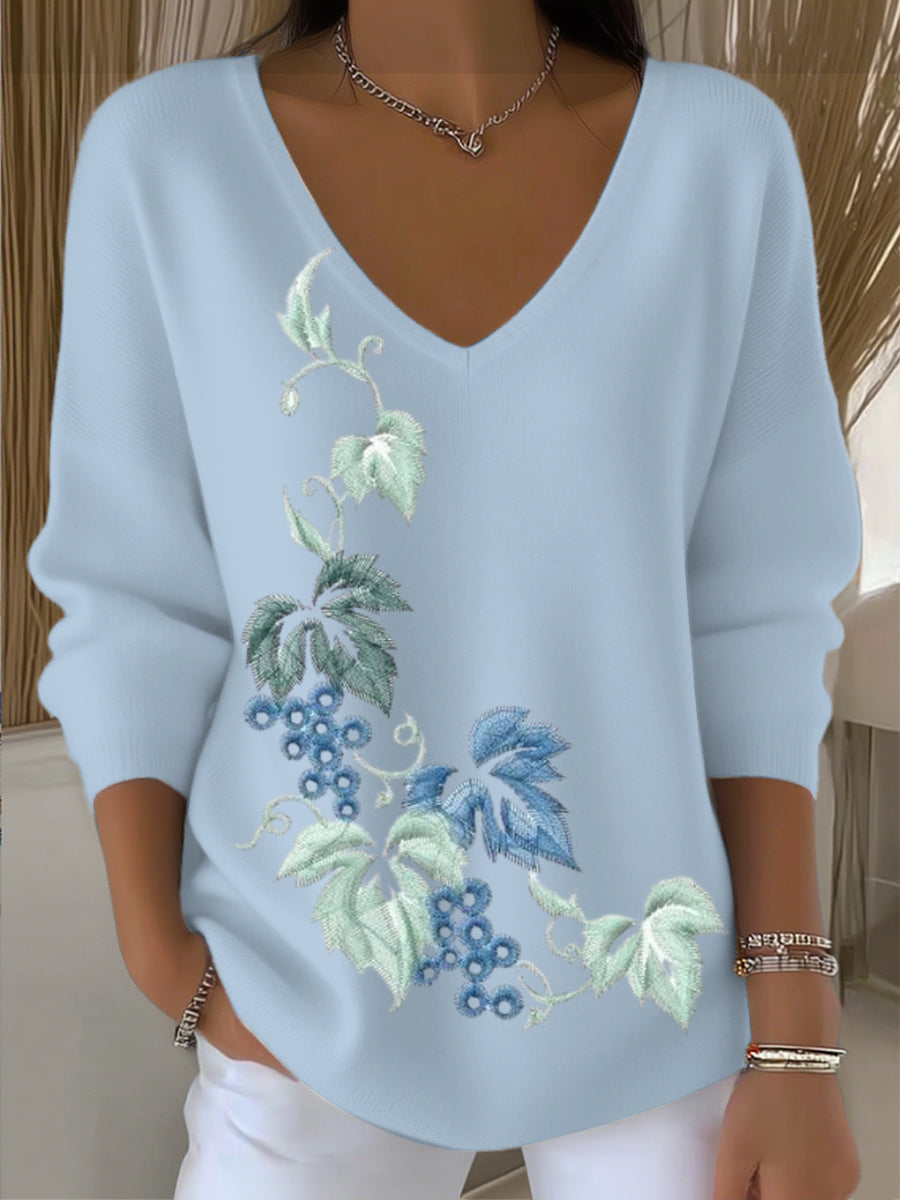 Dámské jezero modré květinové vyšívané v-neck svetr