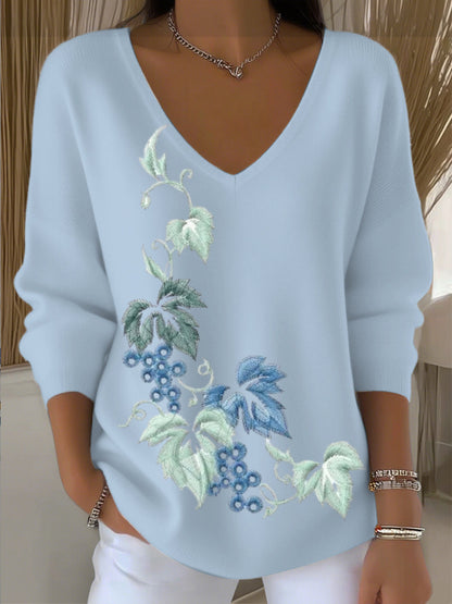 Dámské jezero modré květinové vyšívané v-neck svetr