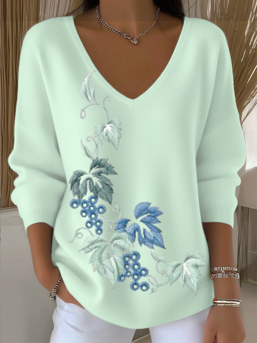 Dámské jezero modré květinové vyšívané v-neck svetr