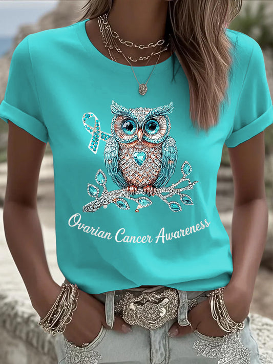 Ženy ovariální rakovina povědomí stuha rhinestone příležitostné tričko