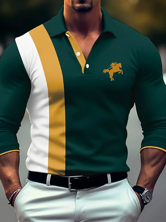 Pánské retro business casual dlouhý rukáv pólo