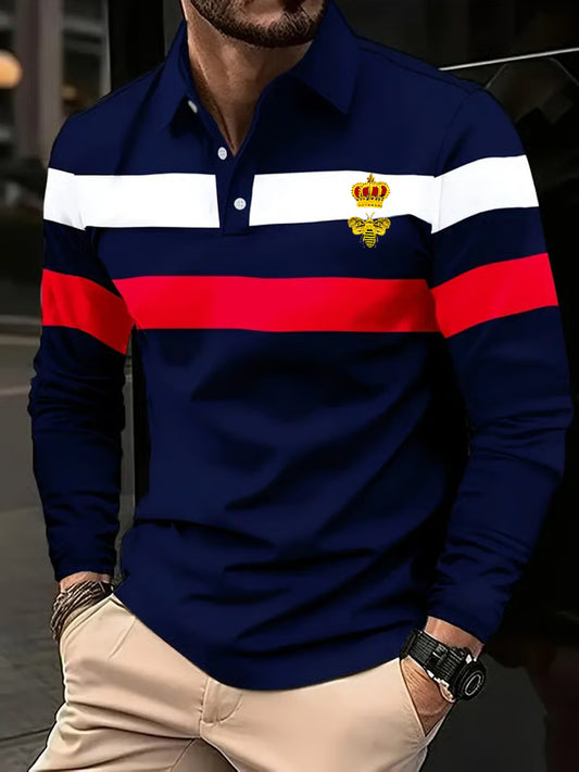 Pánské retro business casual dlouhý rukáv pólo