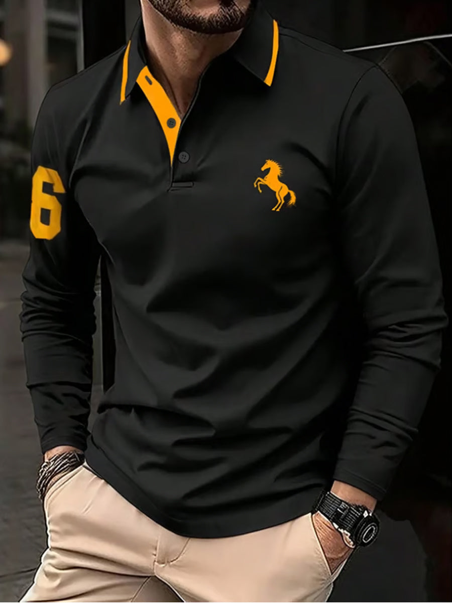 Pánské retro business casual dlouhý rukáv pólo