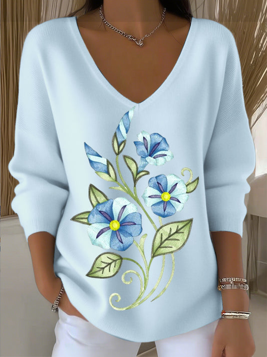 Dámské elegantní modré květinové vyšívané v-neck svetr
