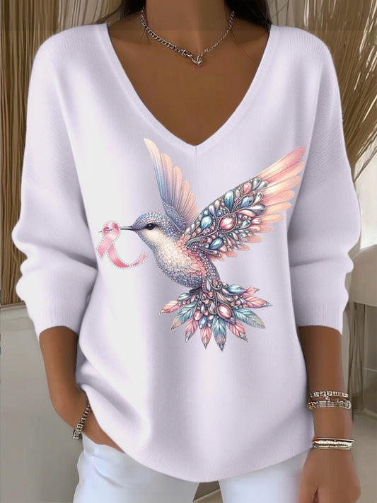 Dámské světlé fialové diamantové kolibřík a stuha v-neck svetr