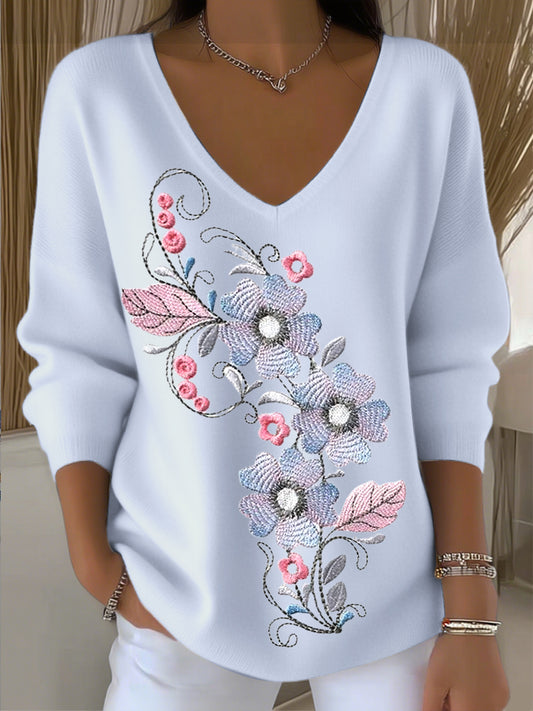 Dámské elegantní květinové vyšívání svetr s v-neck