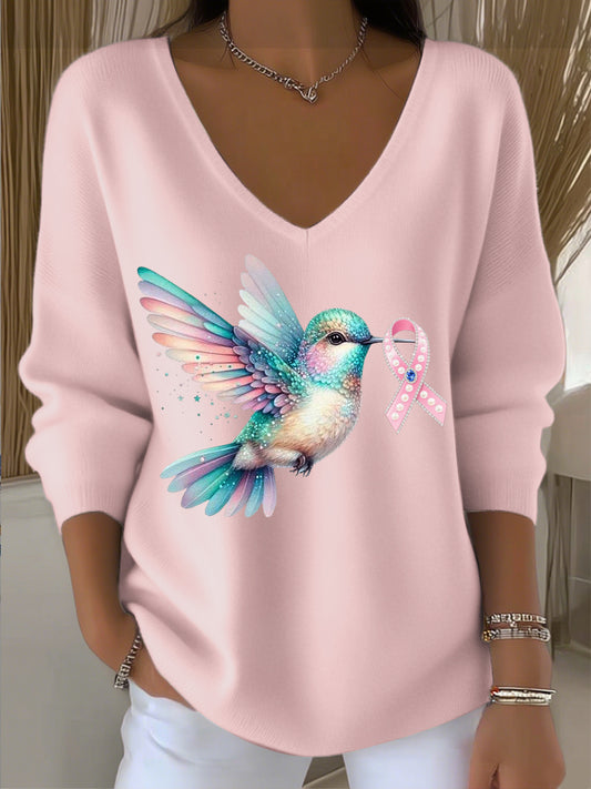Dámské světlé růžové diamantové kolibřík a stuha v-neck svetr