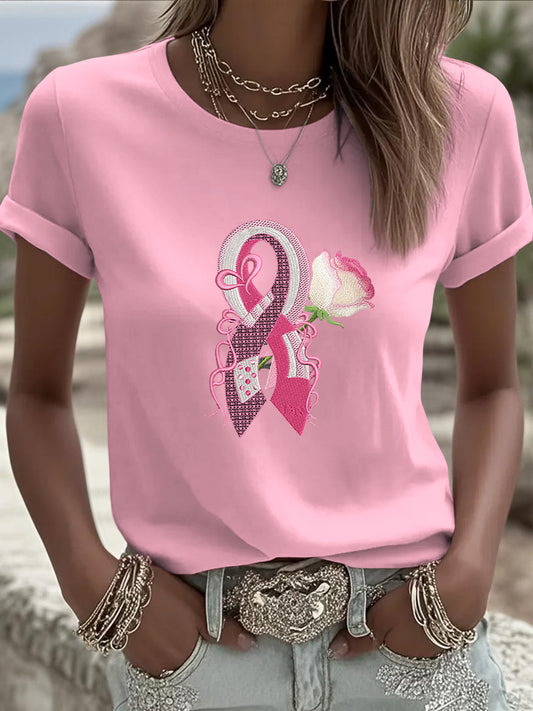Women's breast cancer awareness floral ribbon casual t-shirt