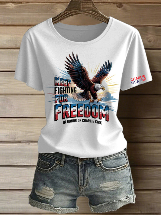 Women's freedom printed vintage fashion loose short sleeve t-shirt