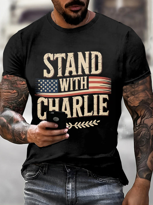Pánské charlie kirk tištěné vintage fashion volné krátké rukávy t-shirt