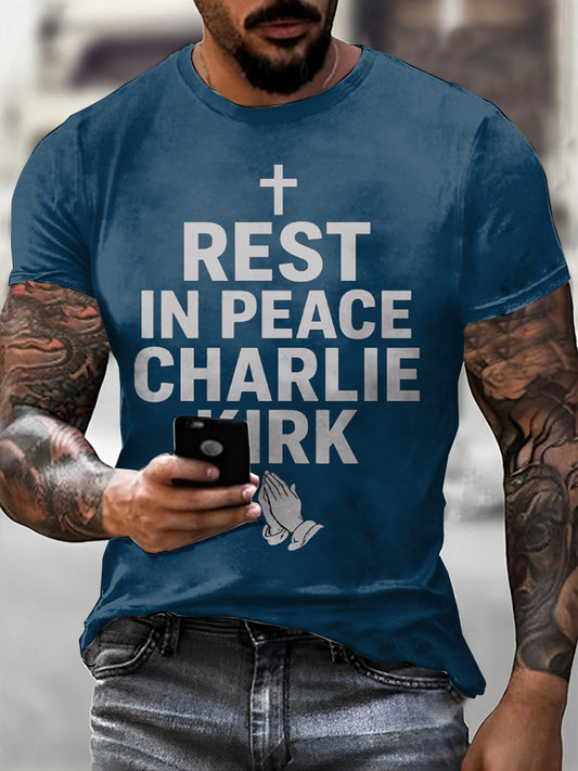 Men's pray for charlie kirk printed vintage fashion loose short sleeve t-shirt