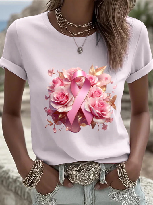 Women's fashionable european pink t-shirt beautiful rose breast cancer prevention ribbon printing fashionable and necessary for daily wear