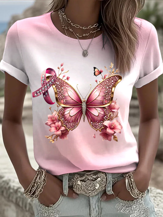 Women's european trend pink t-shirt dreamy diamond butterfly and breast cancer prevention ribbon printing personalized daily clothes