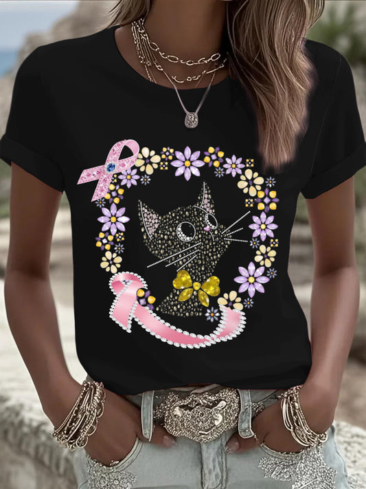 Women's european trend black t-shirt diamond cute cat and breast cancer prevention ribbon pattern personalized daily clothes