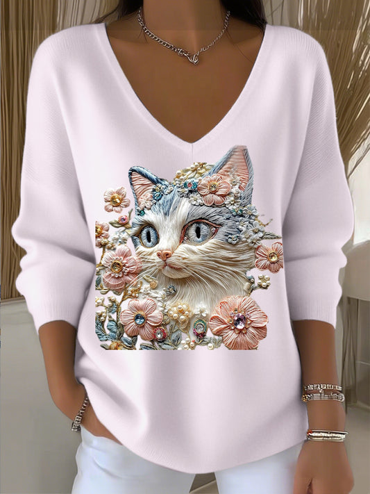 Dámský evropský styl světle růžový v-neck svetr spárovaný s roztomilou kočičí výšivkou módní a teplý vhodný pro každodenní potřeby nošení