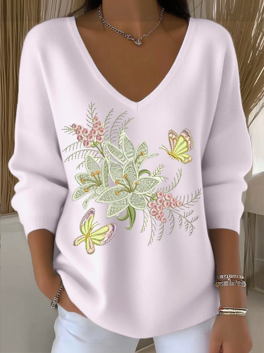 Dámské evropské styl světlé růžové v-neck svetr s nádherným motýlem a květinovou výšivkou módní a pohodlné vhodné pro každodenní nošení