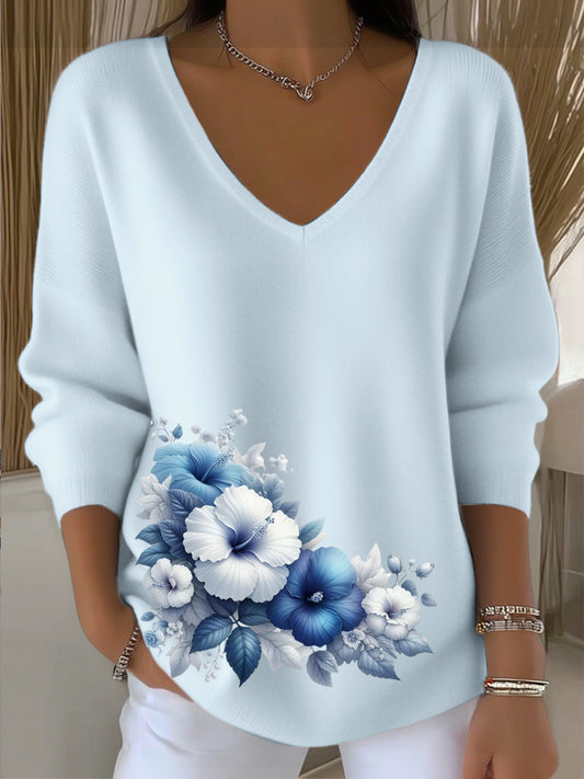 Dámský evropský styl světle modrý svetr s v-neck s jednoduchou a módní květinovou výšivkou moderní a pohodlné snadno zvládnutelné denní oděvy