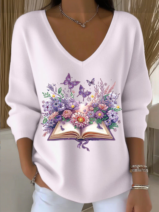 Dámské evropské styl světle fialový v-neck svetr zdobený diamantovými knihami a květinovou výšivkou elegantní a měkký zvyšující texturu každodenního oblečení
