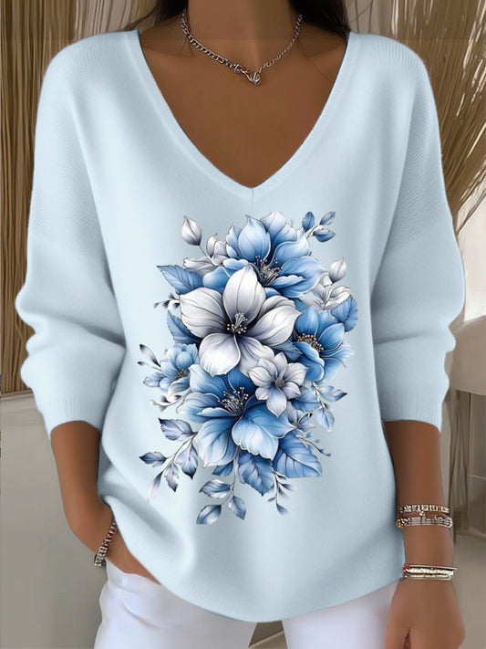 Dámské evropské styl světle modrý v-neck svetr zdobený elegantní květinovou výšivkou klasický a pohodlný vhodný pro různé denní scény
