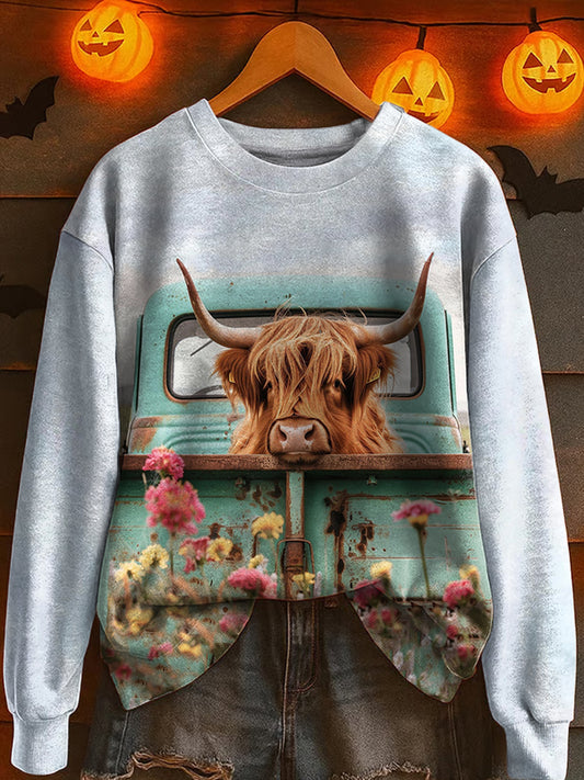 Sleeping highland cow print loose long sleeve sweatshirt