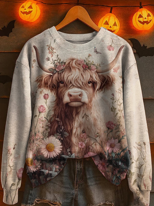 Highland cow print loose long sleeve sweatshirt with garland