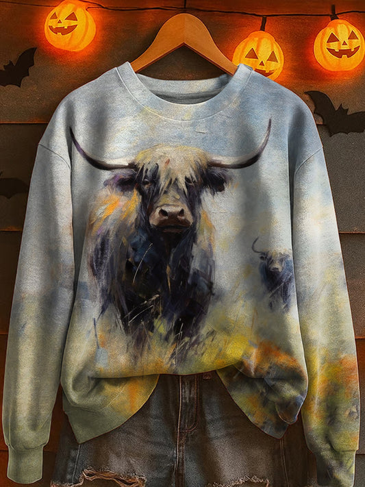 Highland cow in oil print loose long sleeve sweatshirt