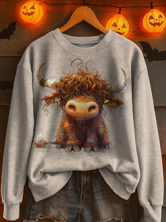 Threadbare highland cow print loose long sleeve sweatshirt