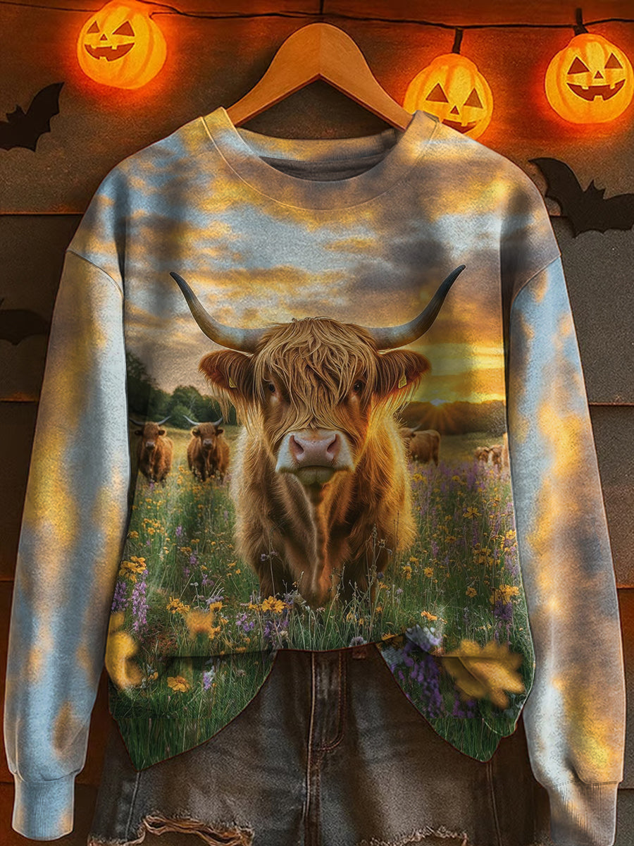 Sunset highland herd printed loose long sleeve sweatshirt