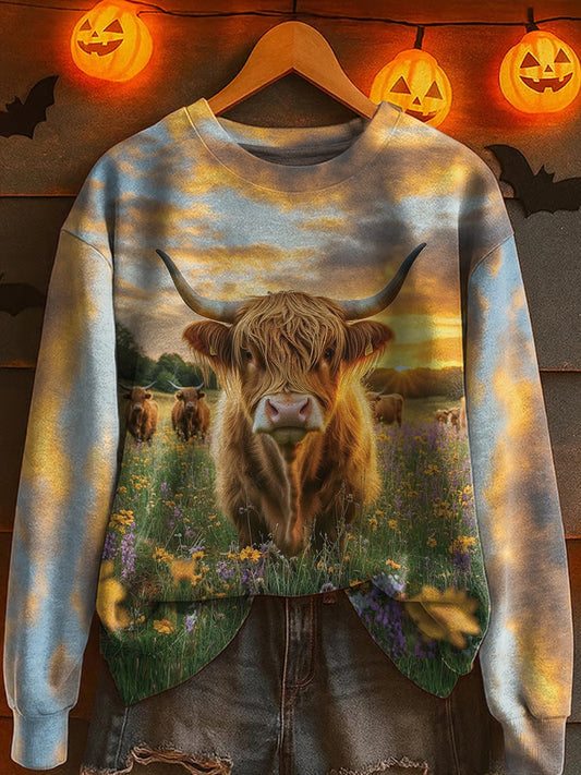 Sunset highland herd printed loose long sleeve sweatshirt