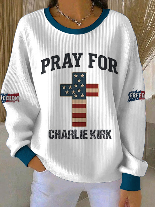 Women's pray for charlie kirk freedom printed round neck long sleeved sweatshirt
