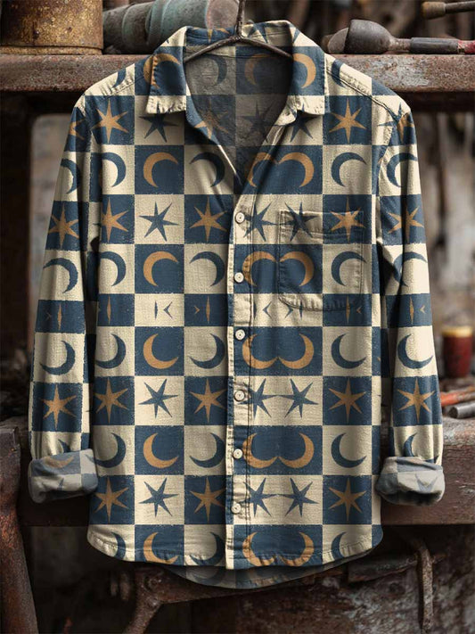 Retro star and moon print casual s dlouhými rukávy