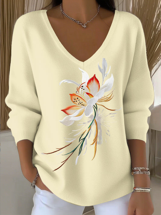 Dámské evropské styl světle žlutý v-neck svetr zdobený elegantní květinovou výšivkou čistý a volný vytváří rafinovaný každodenní pocit