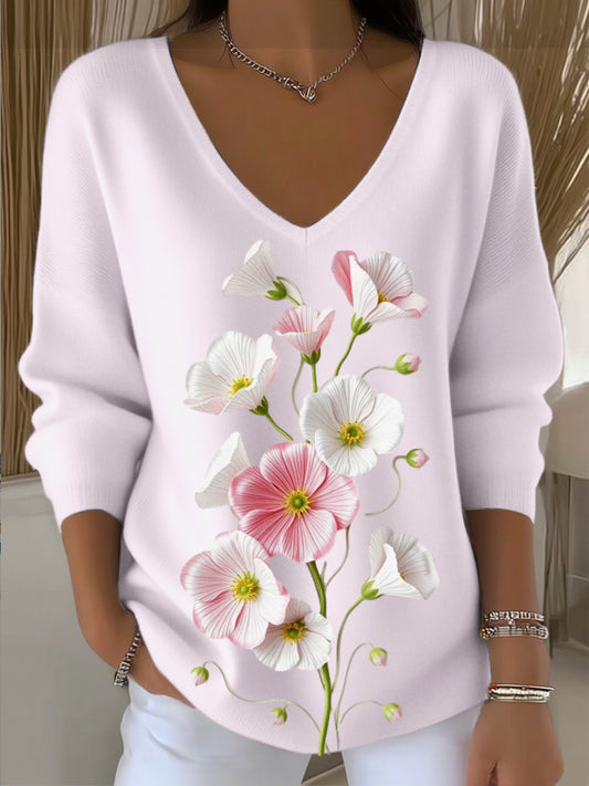 Dámské evropské styl světlé růžové v-neck svetr s jednoduchou a módní květinovou výšivkou elegantní a módní snadno zvládnutelný denní oděv