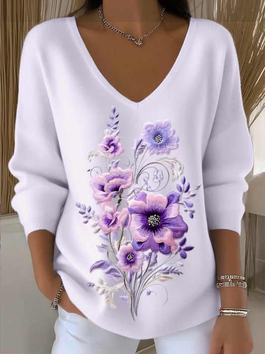 Dámské evropské styl světlé fialové v-neck svetr spárovaný s elegantní květinovou výšivkou módní a teplé vhodné pro každodenní potřeby nošení