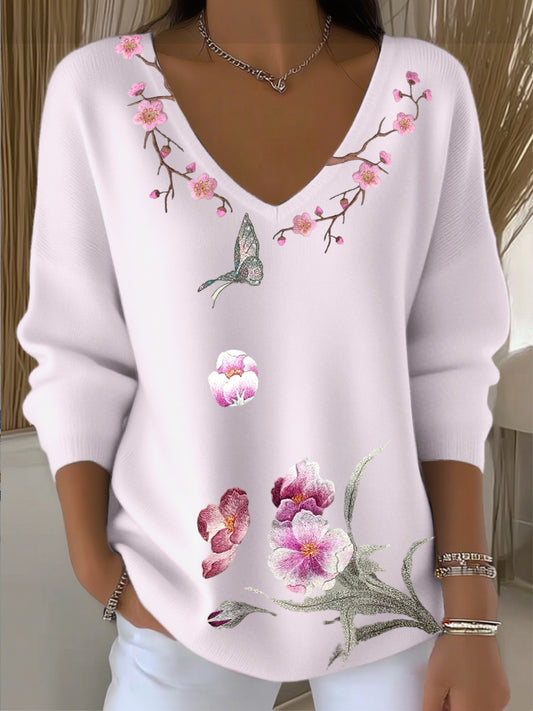 Dámský evropský styl světle růžový v-neck svetr s motýlem a květinovou výšivkou elegantní a měkký který zvyšuje texturu denního oblečení