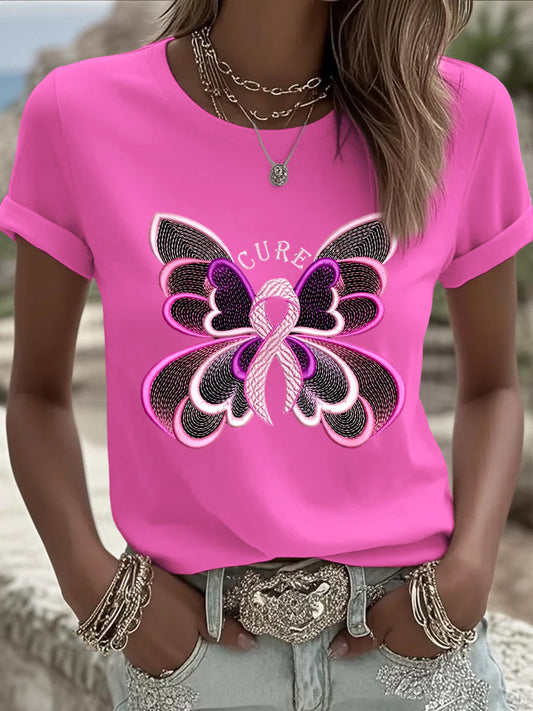 Women's fashionable european pink t-shirt beautiful butterfly style breast cancer prevention ribbon fashionable and necessary for daily wear