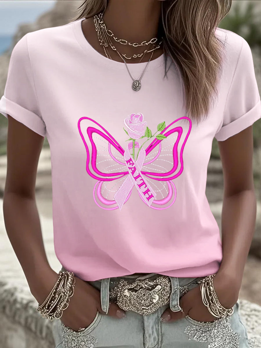 Women's fashionable european pink t-shirt unique butterfly and breast cancer prevention ribbon pattern personalized daily clothes