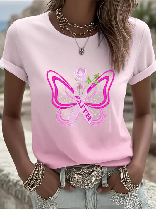 Women's fashionable european pink t-shirt unique butterfly and breast cancer prevention ribbon pattern personalized daily clothes
