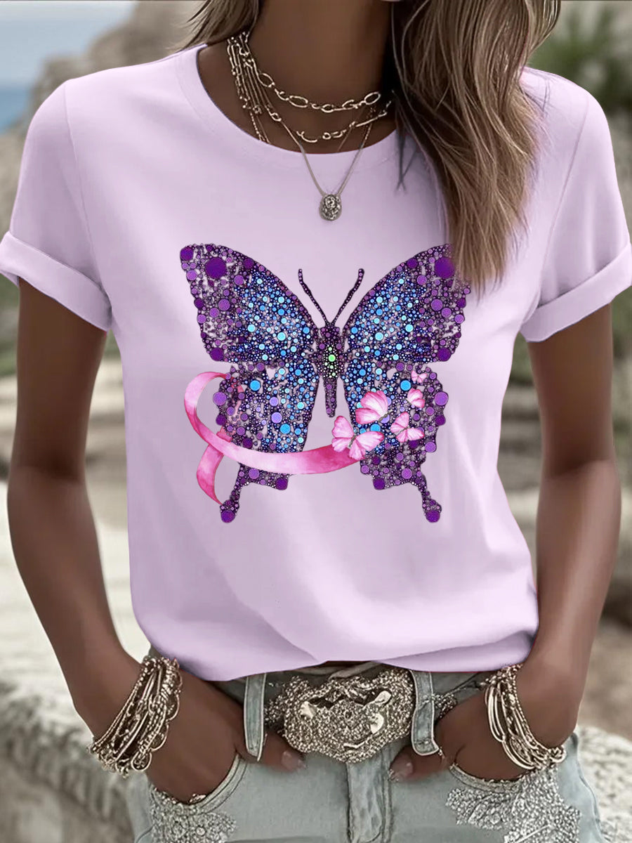 Women's fashionable european light purple t-shirt eye-catching butterfly flowers and breast cancer prevention ribbon design