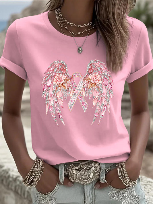 Women's breast cancer ribbon rhinestone art casual t-shirt