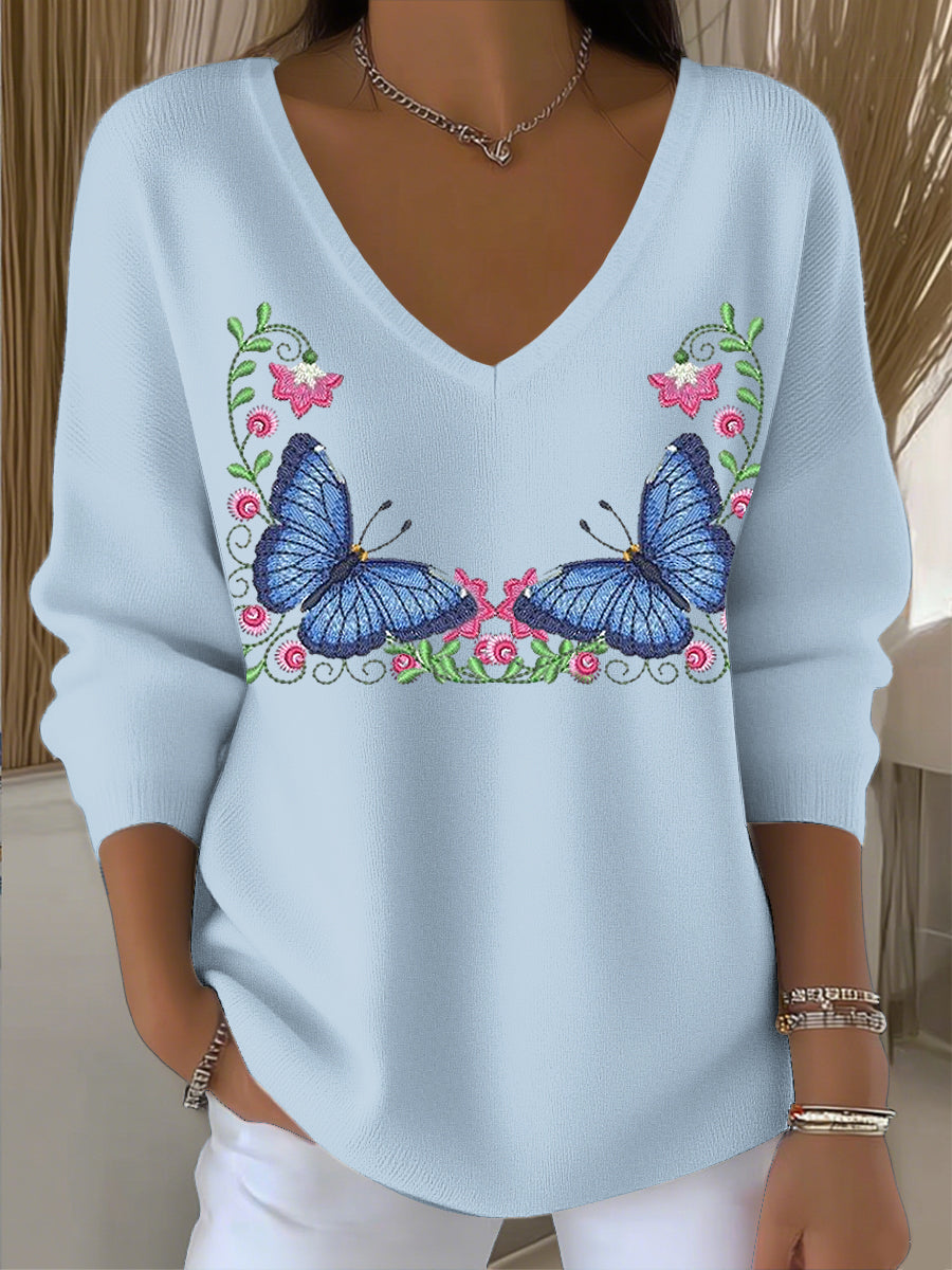 Ženy vintage motýl květinové umění v-neck top