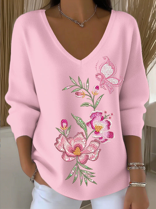 Dámské vintage květinová stuha umění v-neck top