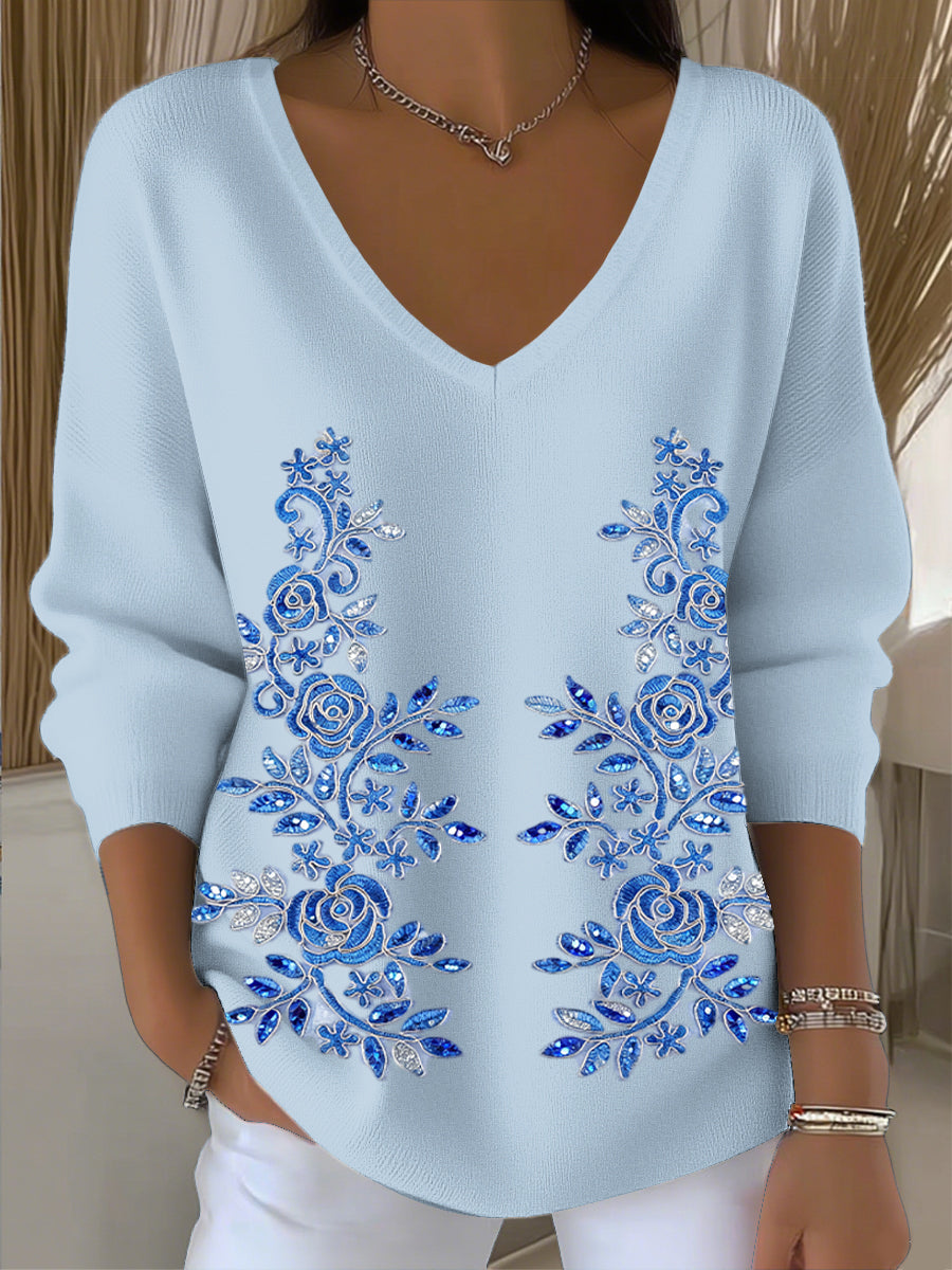 Women's vintage floral sequin art v-neck top