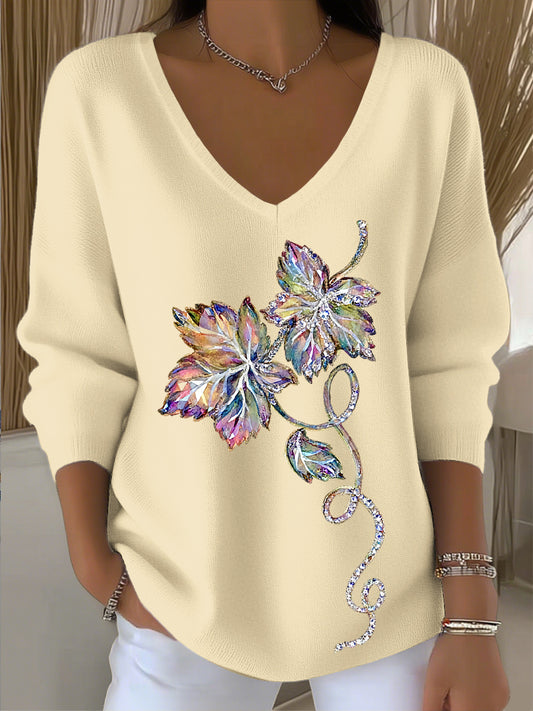 Dámské vinobranie list olejové malby rhinestone umění v-neck top