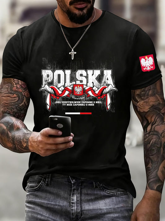 Men's vintage polish flag print casual t-shirt