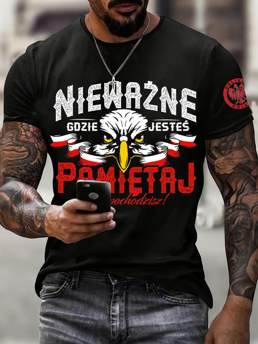Men's vintage polish flag print casual t-shirt