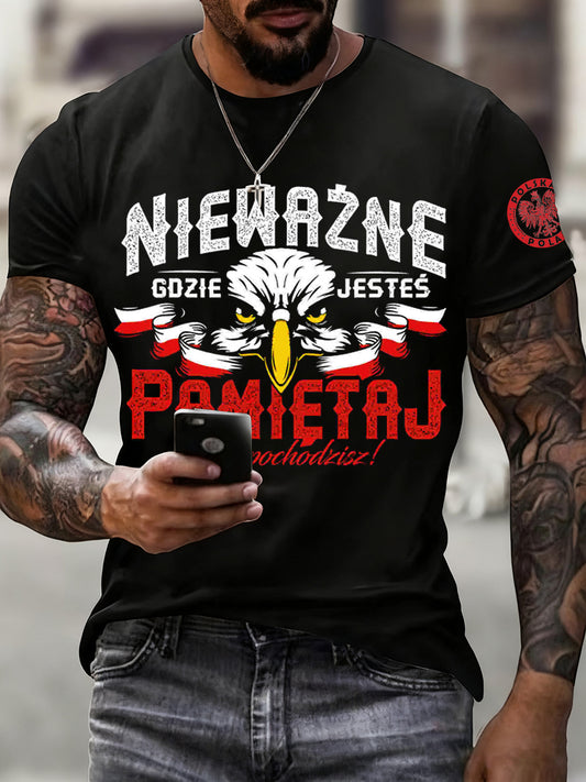 Men's vintage polish flag print casual t-shirt