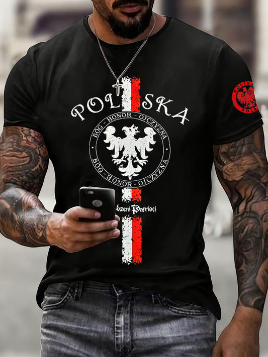 Men's vintage polish flag print casual t-shirt